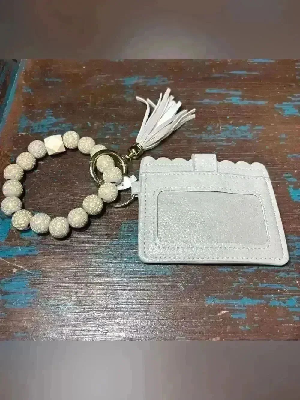 New Leather Tassel Card Holder Wristlet in Light Gray